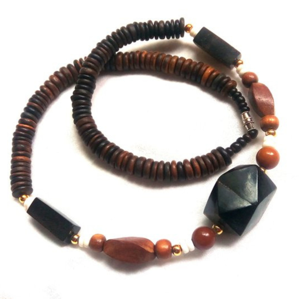 Wood Bead Statement Necklace Black Brown Autumn